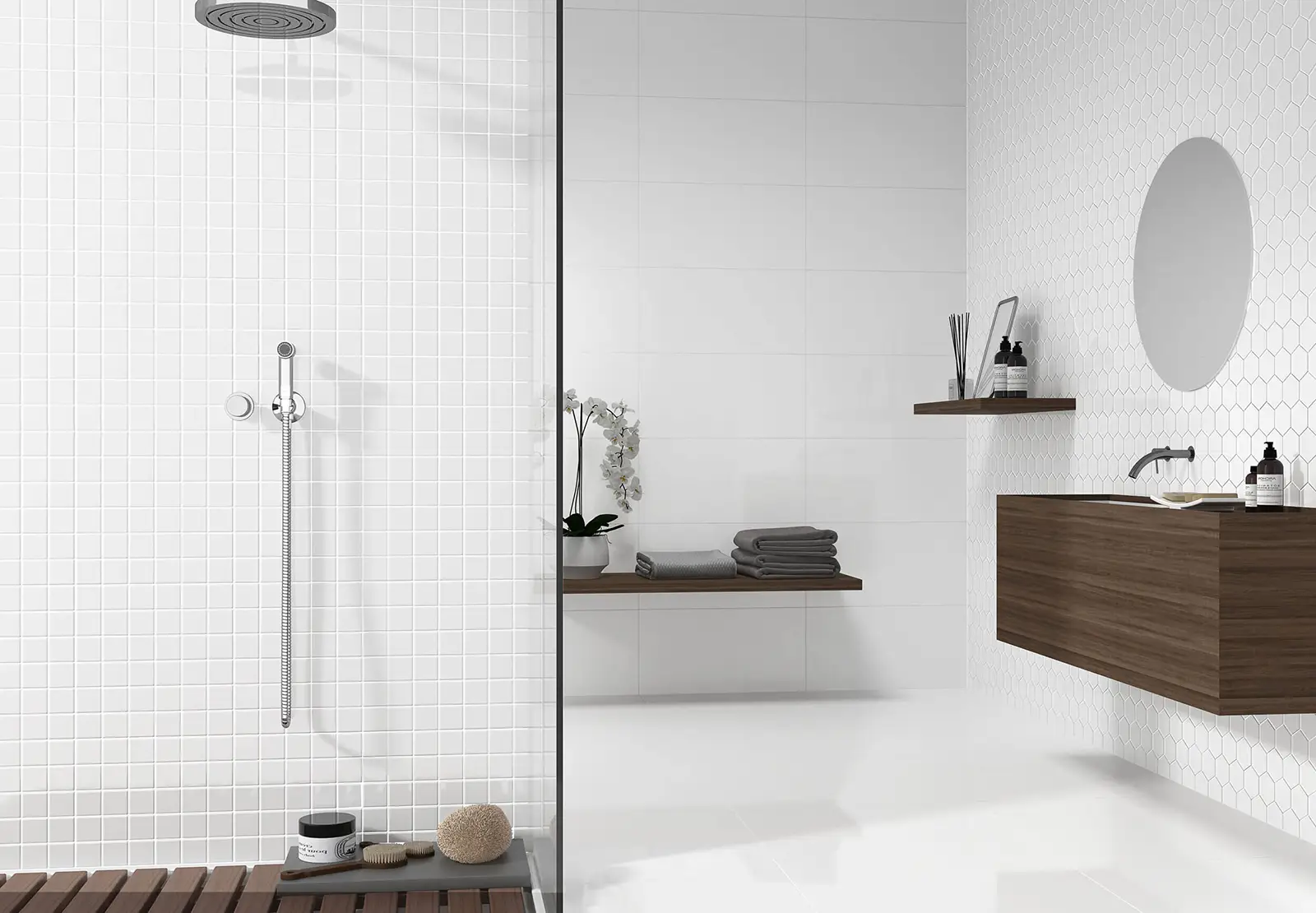 AJRose-Tile-HappyFloors-Alaska White tile in contemporary bathroom | AJ Rose Carpets