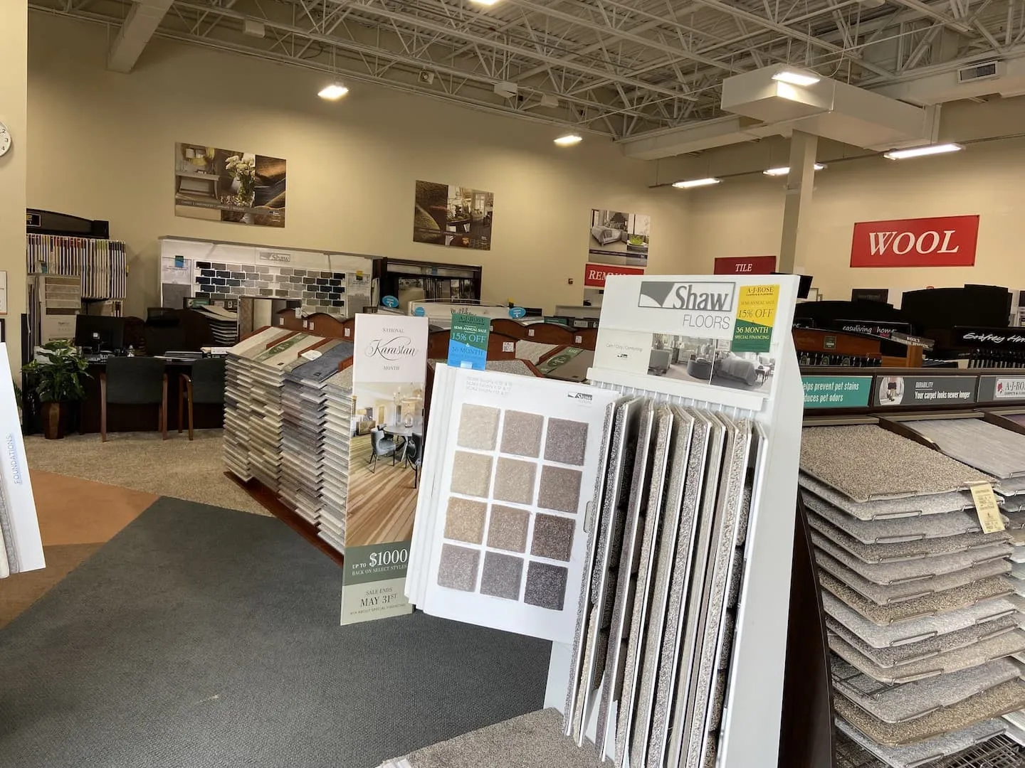 carpet-displays-in-saugus-showroom Showroom | AJ Rose Carpets & Flooring