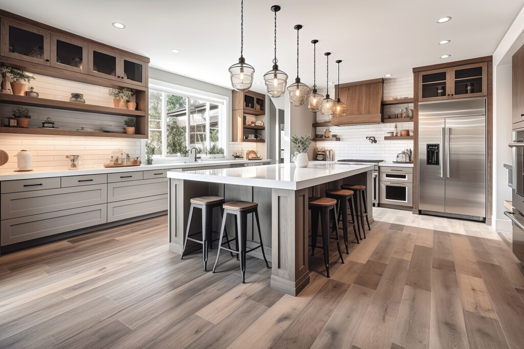 Luxury laminate flooring in a large kitchen and middle island by AJ Rose Needham, MA - Lynnfield, MA - Natick, MA - Burlington, MA.