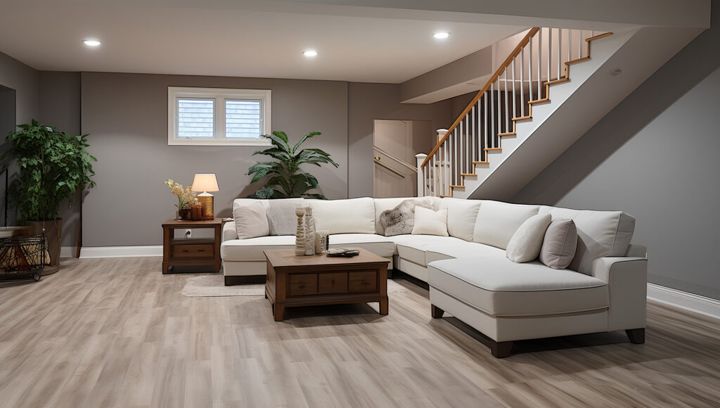 light luxury vinyl plank flooring in living area in a basement