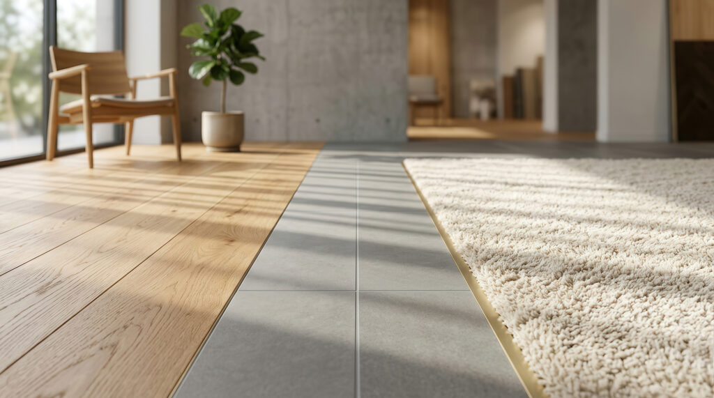 Different flooring types and transitions in open concept layout