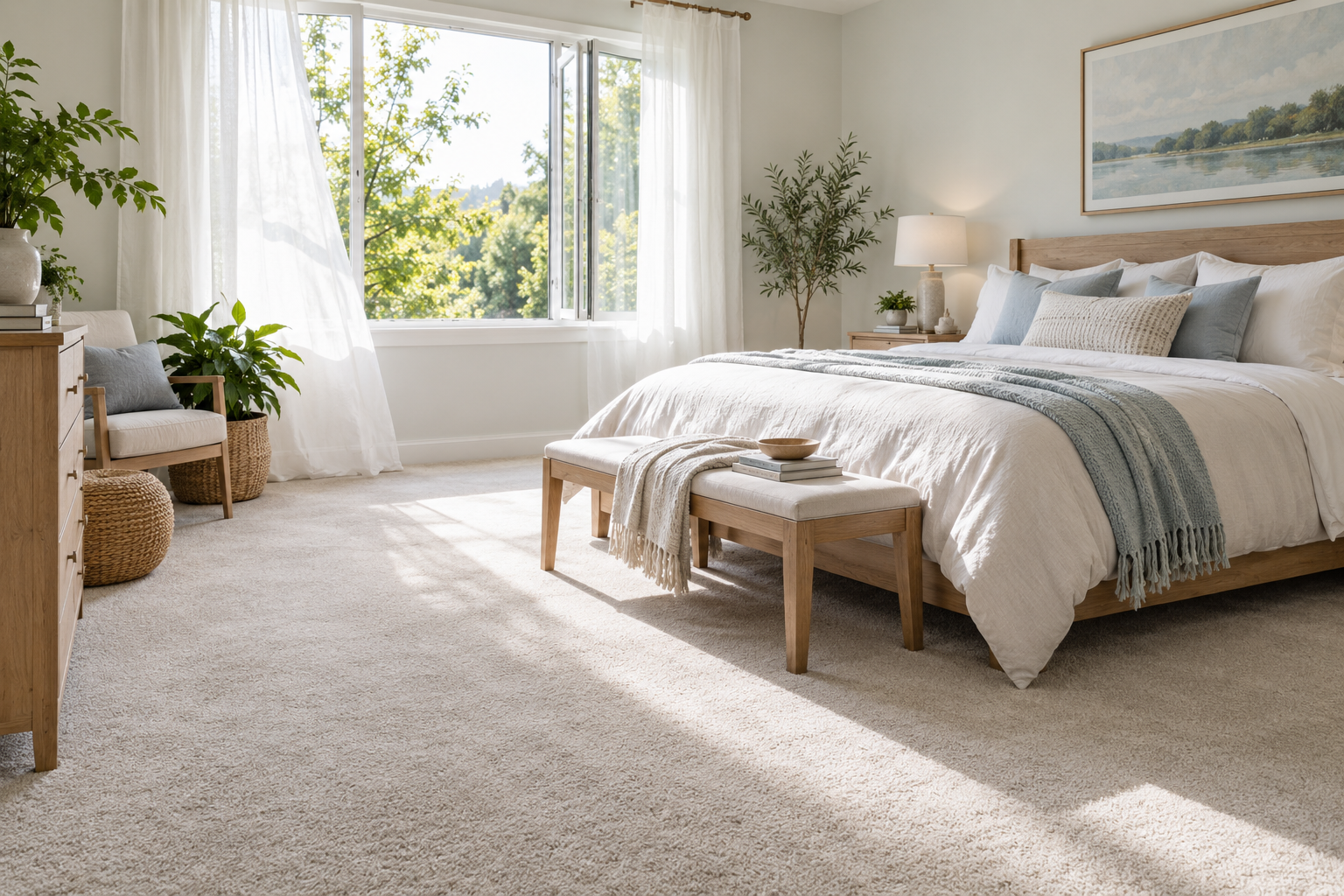 Bright carpeted bedroom with an open window, natural light, and fresh greenery.