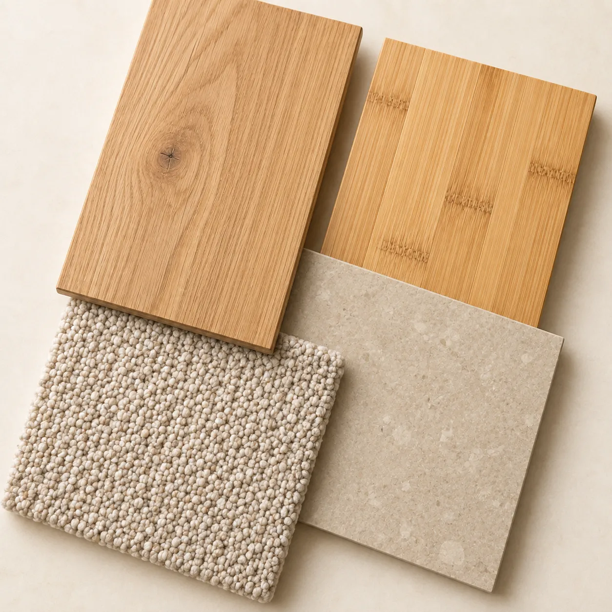 4 sustainable flooring swatches including, hardwood, wool carpet, linoleum and bamboo.