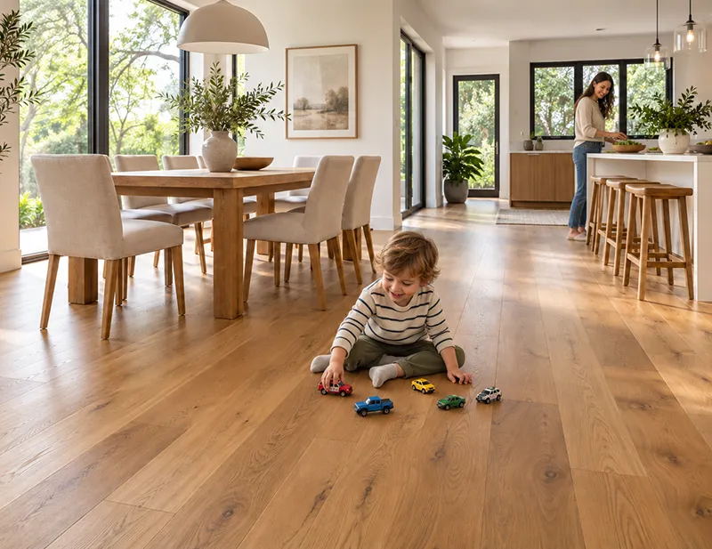 Child playing with toy cars on hardwood flooring while his mother prepares food in the kitchen.