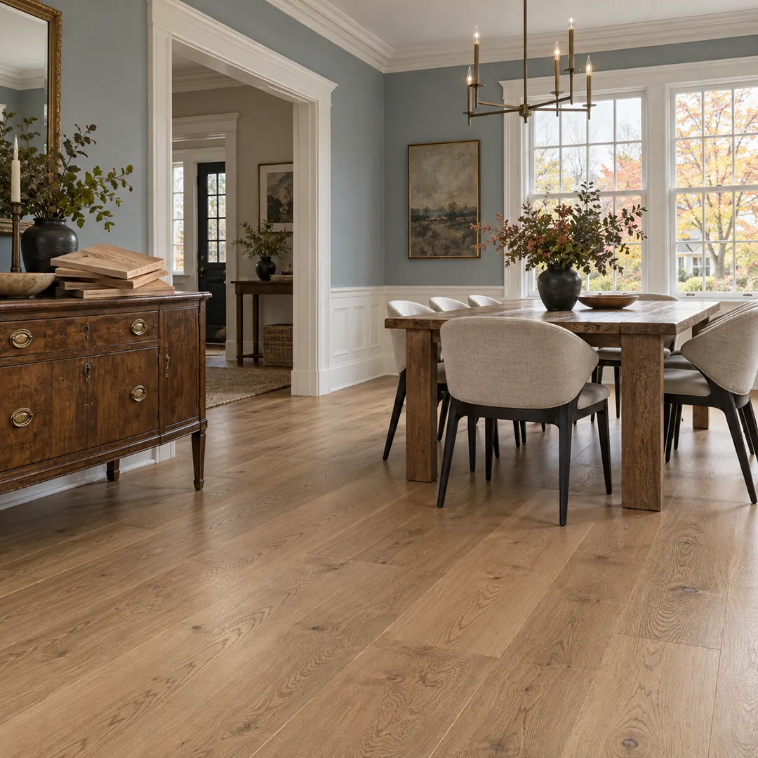 Wide plank hardwood flooring in dining room