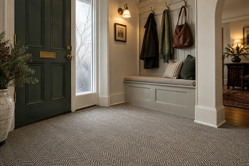 Winter-Wool-Carpet Wool carpet in entry way with bench and winter coats hung up.