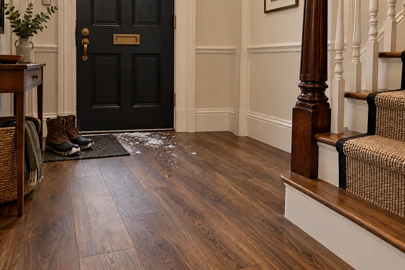 Winter-waterproof-luxury-vinyl-flooring Winter boots with dragged in snow in entry way with waterproof luxury vinyl flooring.