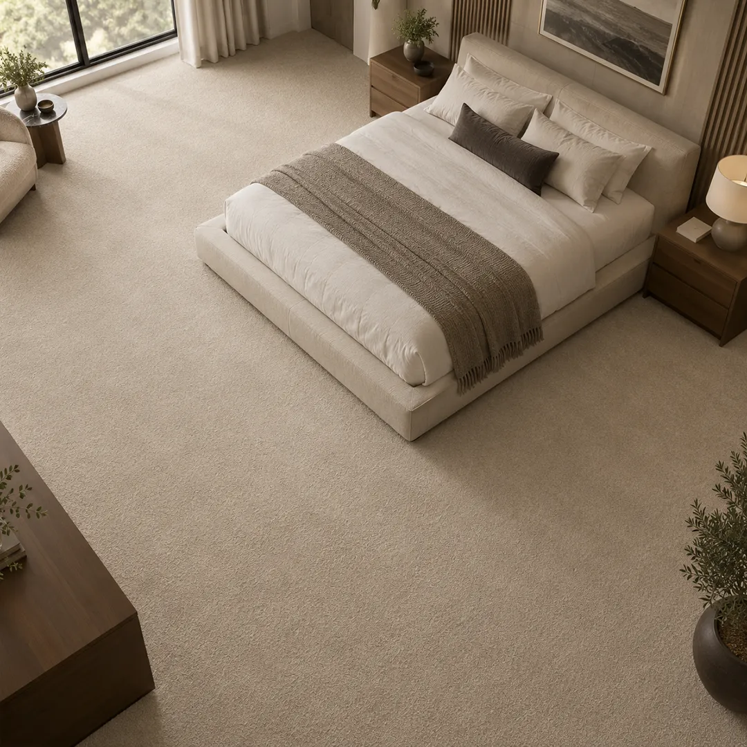 Overhead view of wool carpet in a modern bedroom