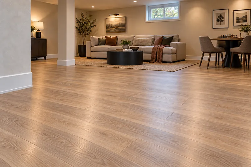 Warm finished basement lounge with continuous light wood-look flooring, sectional seating, and a small game table.