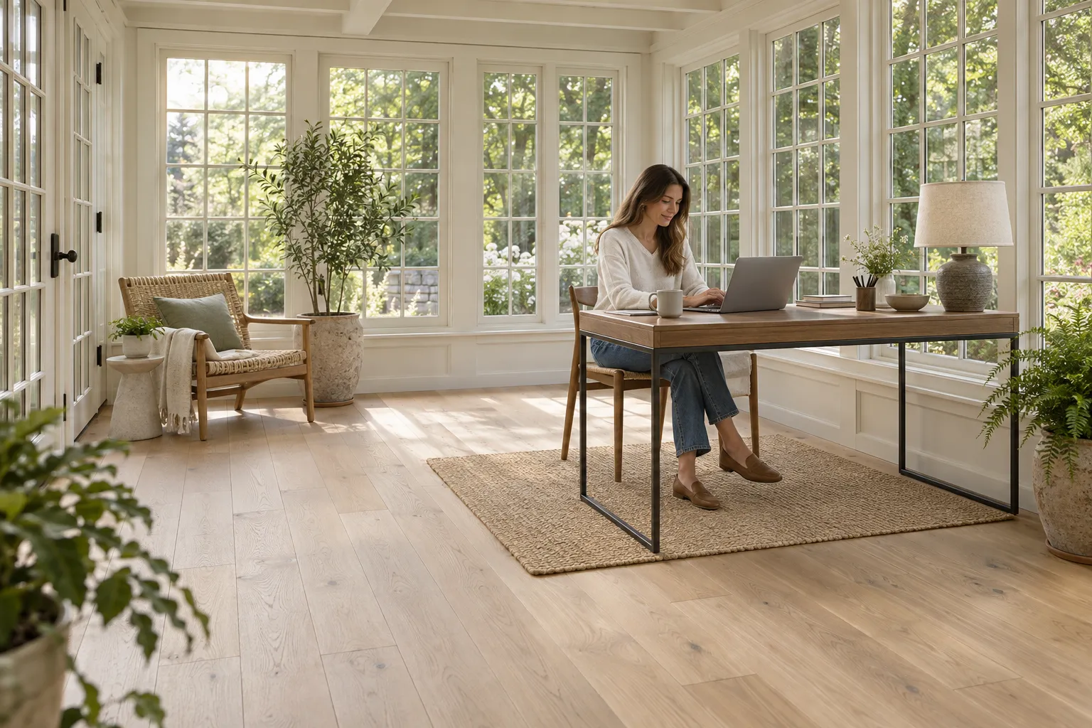 Woman working on a laptop in a sunlit home office with wide-plank white oak flooring and large garden-facing windows.