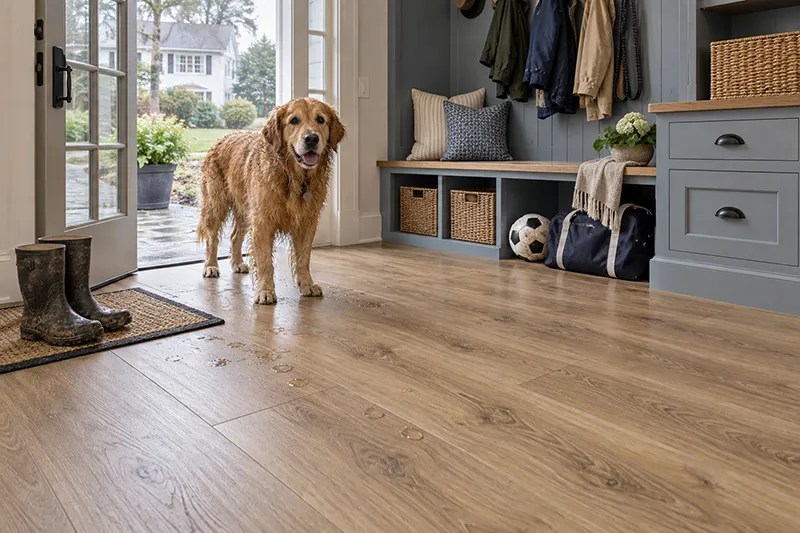 Wet golden retriever standing in a mudroom with muddy boots, sports gear, and waterproof wood-look vinyl flooring.