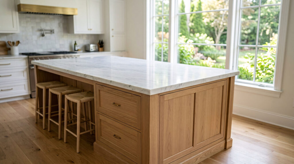 Textured hardwood flooring in kitchen with island