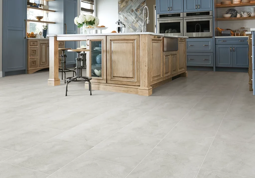 AJRose-ShawTile-BlueKitchen Light Gray Tile in Blue Cabinet Kitchen | AJ Rose Carpets