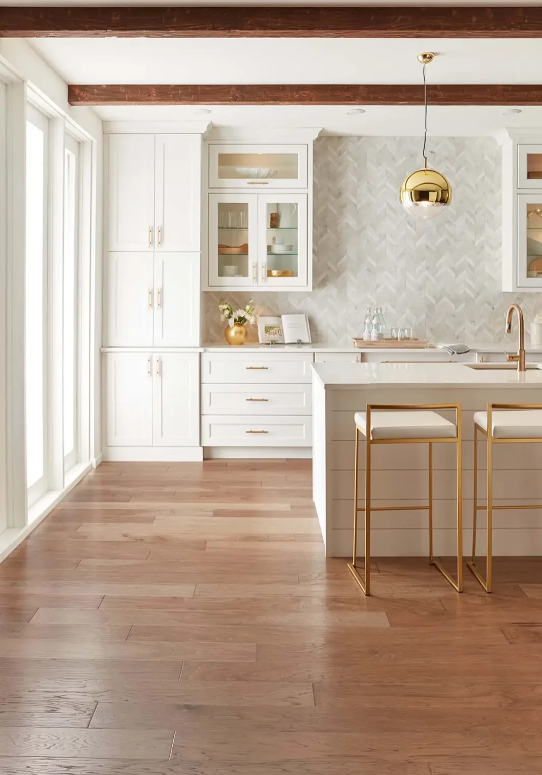 AJRose-ShawTile-WoodLook Medium brown wood-look tile in white kitchen | AJ Rose Carpets